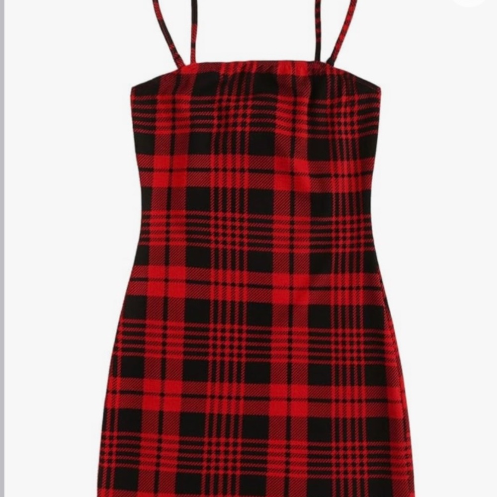 New Women's Plaid Print Mini Cami Bodycon Dress Size Small Red/Black